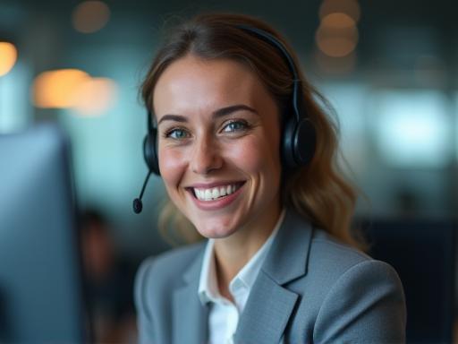 Smiling support agent assisting a customer