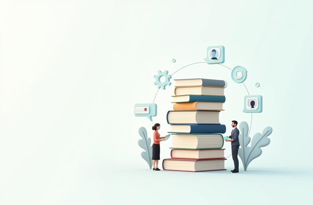 Stack of books and technology icons representing support